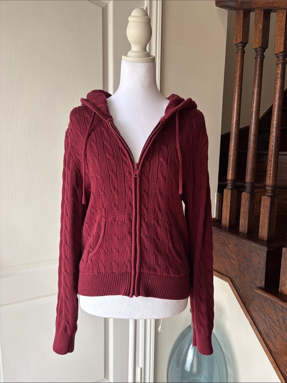 Brandy Melville Cable Knit Hooded Sweater - Burgundy